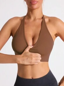 TCVC Women's Seamless Knitted Halter Neck Sexy Bra, Comfortable Skin-Friendly Fabric, Classic Versatile, Can Be Worn Inwardly Or Outwardly, Suitable For Yoga, Exercise And Fashion - Coffee Brown - View 5