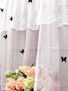 1pc Pink Voile Half Curtain, Elegant Butterfly Decor, Suitable For Bedroom, Living Room Home Decoration, With Pole