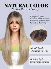 Peluca larga y recta de 26 pulgadas de alta calidad con degradado ombre y flequillo, hecha de fibra sintética resistente al calor, adecuada para festivales, fiestas, viajes y uso diario de mujeres - Degradado - Ver 4