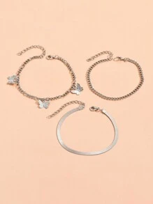 Set de 3 piezas de tobillera con cadena y mariposa de diseño elegante, juego de tobillera y pulsera de cadena gruesa vintage punk, para uso diario de mujeres