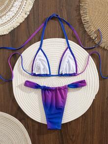 PEPPERMOLLY New Gradient Color Halter Tie Backless Elegant Party Micro Triangle Bikini Set, Women Summer Beach Fashion Swimwear Vacation - Purple - View 3