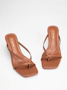 Women Comfortable Kitten Low Heel Thong Heeled Sandals Fashion Square Open Toe Comfort Shoes For Party Casual Slides - 棕色 - 查看 5