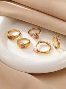 5 件套不锈钢金色女士优雅铸造猫眼宝石戒指套装，适合日常佩戴或送礼