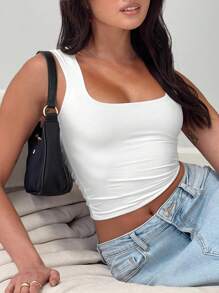 Plus Size Damska Jednokolorowa Dwuwarstwowa Plisowana Kwadratowa Dekolt Uniwersalna Kamizelka Na Wiosnę I Lato