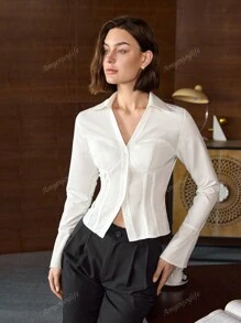 Women's Solid Color Single-Breasted Long Sleeve Shirt, Old Money Style Top, Summer