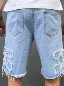 Men's Washed Blue Classic Skinny Denim Shorts, Men's Elastic Distressed Denim Shorts, Men's Casual Jorts, Emo Style - Light Wash - View 3