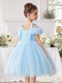 Young Girl Spaghetti Strap Bowknot Easter Party Dress, Elegant Princess Tulle Dress, Birthday Gift, Flower Girl Wedding Gown, School Dance Recital Celebration Dress