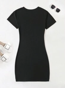 舒适“我爱我英俊的老公”标语印花短袖圆领涤纶混纺针织睡衣 - 多功能女士T恤睡裙 - 黑色 - 查看 2