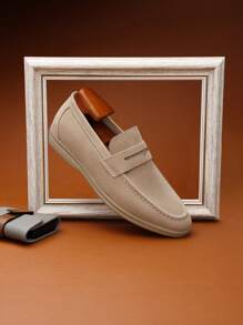 Men's Soft Leather Comfortable Loafers, Fabric Low-Cut Slip-On Shoes, Business Formal Shoes, Simple Professional Work Shoes, Casual Shoes, Fashionable Men's Dress Shoes With Comfortable Round Toe And Classic British Style, All-Match Wedding Shoes - Khaki - View 8