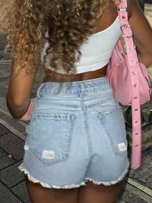 女士休闲纽扣式做旧下摆牛仔短裤 - 淺藍色 - 查看 3