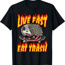 Live Fast Eat Trash Possum Vintage Funny Skateboard Opossum T-Shirt - Black - View 1