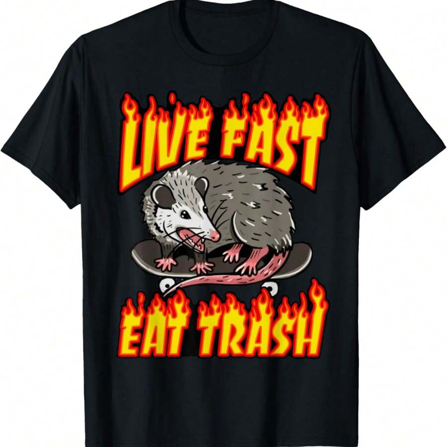 Live Fast Eat Trash Possum Vintage Funny Skateboard Opossum T-Shirt - Black - View 1