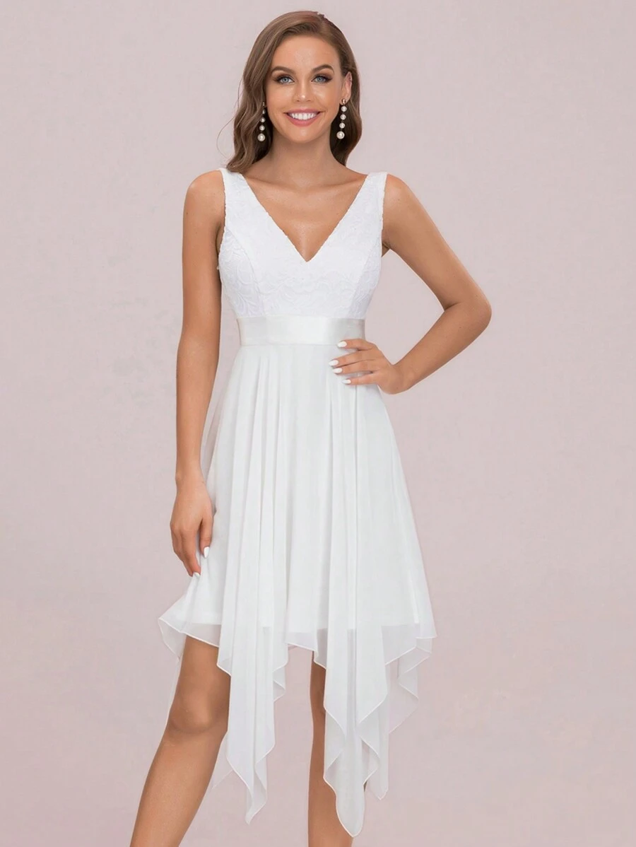 EVERPRETTY Contrast Lace Asymmetrical Hem Wedding Dress - White - View 1