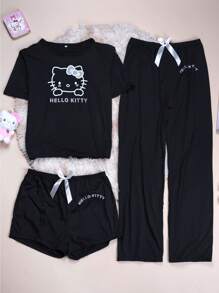 Sanrio Conjunto de tres piezas de pijama de verano para mujer autorizado por Sanrio con top de manga corta, shorts y pantalones estampados con diseño de KT de estilo suelto y casual, elegante para el hogar y de vacaciones