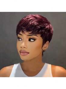 99J Pixie Cut Human Hair Wig 4-Inch 180% Density 99J Brazilian Remy Human Hair Wigs Glueless Human Hair Short Straight Style Hair Soft & Breathable Perfect For Parties And Daily Wear