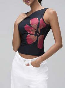 Women Y2k Floral Crop Tank Tops Crew Neck Sleeveless Vest Tops Slim Fit T-Shirt Graphic Printed Tees Flower Print Summer Casual Going Out Tops For Party Club Streetwear Vintage Aesthetic Clothes - 黑色 - 查看 5