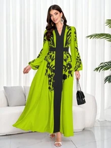 女士优雅碎花系带连衣裙（随机印花），端庄优雅