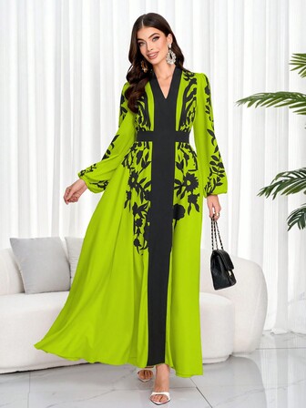 女士优雅花卉印花束腰连衣裙（随机印花），端庄