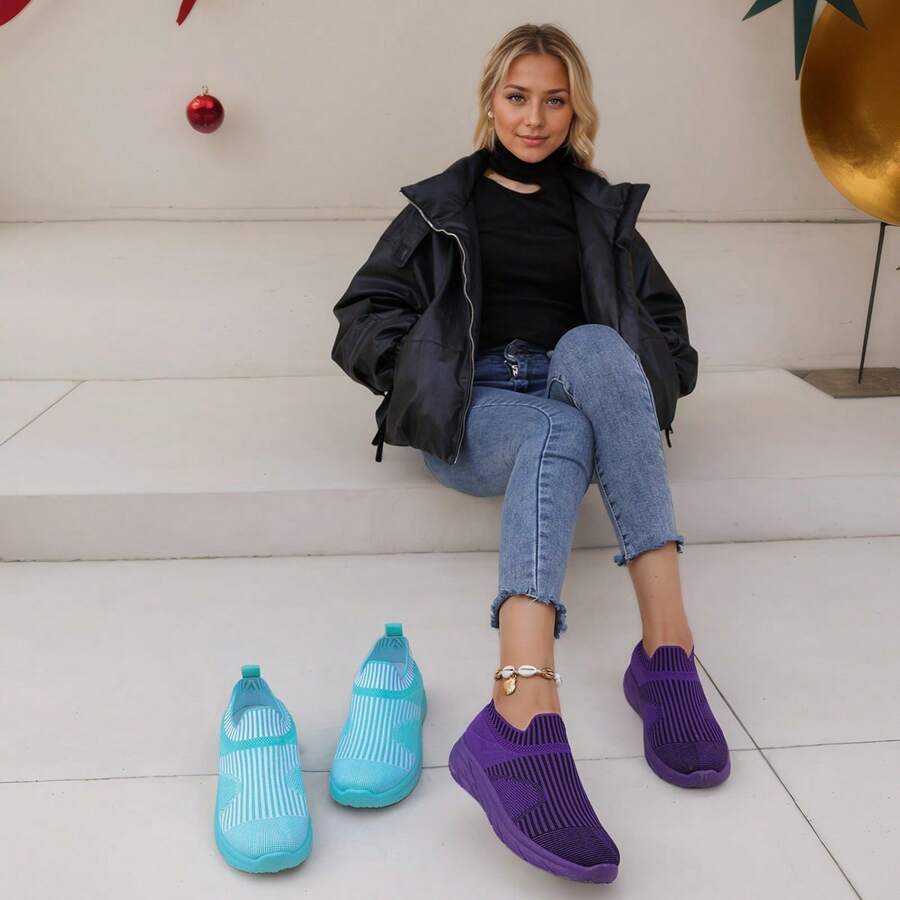 Women's Casual Walking Shoes Striped Mesh Running Tennis Sneakers Lightweight And Comfortable Work Gym Non-Slip Sneakers - Blue - View 1