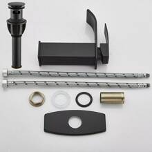 Matte Black/Chrome Waterfall Bathroom Faucet - Single Handle Mixer Tap For 1/3 Hole Sinks | Includes Deck Plate, Pop-Up Drain & Supply Hoses | Modern Vessel Vanity Set - Black - View 8
