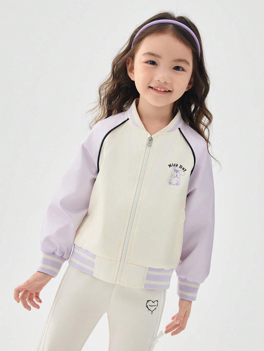 Balabala Girls' Color-Block Baseball Jacket, Sporty Campus Style - Purple and White - View 1