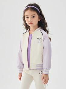 Balabala Girls' Color-Block Baseball Jacket, Sporty Campus Style - Purple and White - View 2