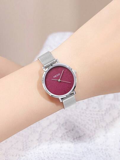  1 件装女士不锈钢网状表带简约数字表盘酒红色和紫色 Kezzi 圆形石英表，小巧优雅，适合日常佩戴