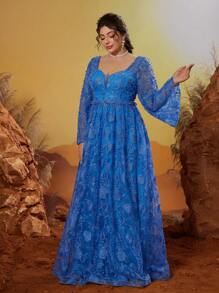 Robe de soirée, de fête, d'invité de mariage, de cérémonie, à col en cœur, avec broderie, perles, dentelle, manches longues, fente ouverte, grande taille