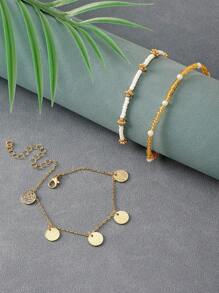 Bộ 3 chiếc vòng chân đính cườm thủ công tối giản màu vàng kim, có tua rua, dành cho nữ, thích hợp để đeo hàng ngày và đi nghỉ mát. - Nhiều màu - Xem 2
