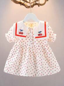 女婴短袖樱桃卡通荷叶边下摆 A 字形公主裙，夏季