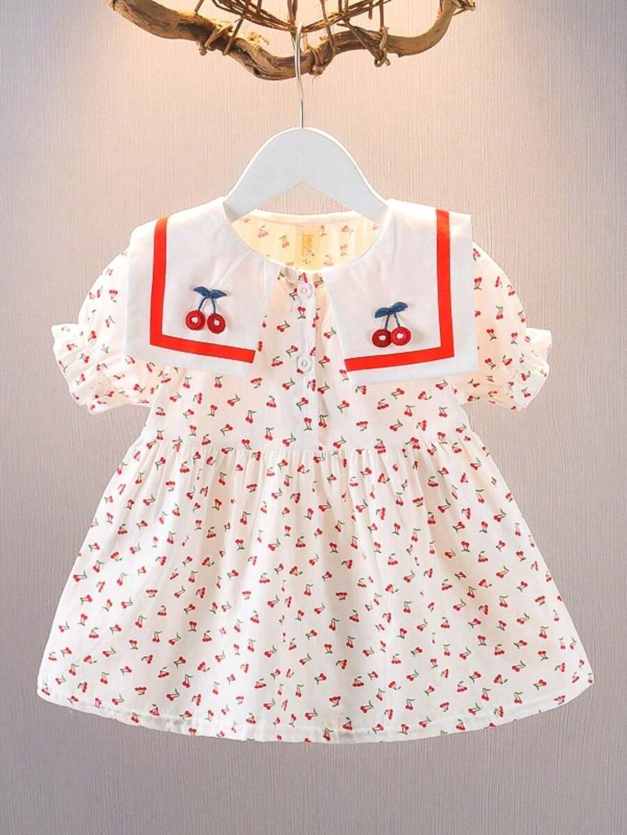 女婴短袖樱桃卡通荷叶边下摆 A 字形公主裙，夏季