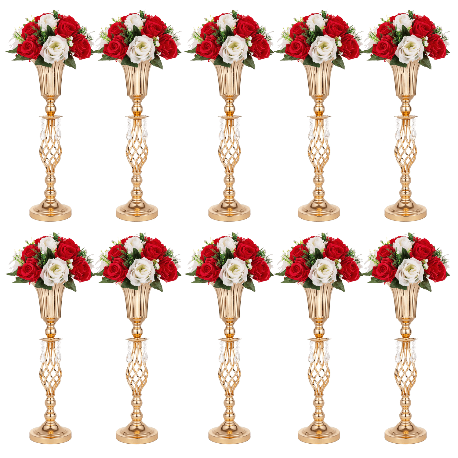 GOQODO 2/6/10 piezas, soporte de flor de cristal para centros de mesa de boda, soporte elegante alto de metal para arreglos florales, jarrón de mesa de metal para decoración de boda, fiesta, cena, evento de hotel, hogar, Día de la Madre, regalo, decoración de boda, centro de mesa, decoración de mesa, fiesta, flores de plástico, dorado