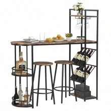 Industrial Bar Table Set With 2 Chairs, Counter Height Kitchen Dining Table, Wine Rack, And Side Storage, (Rustic Brown) - Black - View 3