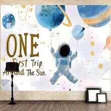 1pc Reusable Polyester Space Themed Backdrop Banner, "First Journey Around The Sun" Astronaut And Planet Design, Suitable For Birthday, Anniversary, Home Decor, Indoor And Outdoor Use, Space Decoration