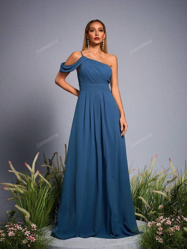 Sanmanda Asymmetrische Hals Stijl Jurk Mouwloos Sexy Hoge Taille Feest Afstudeerbal Jurk, Bruidsmeisjesjurk