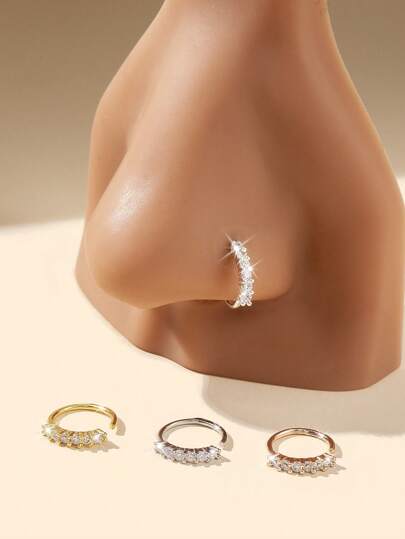 4pcs Stylish Simple Copper Inlaid Zirconia Stone Versatile Nose Rings, Real Piercing Required, Women Body Jewelry, Piercing Accessories, Good Gift For Friends