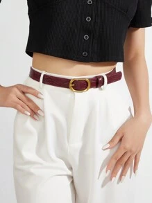 1pc Women's All-Season Jeans Street OL European & American Korean Style Hot Girl Crocodile Texture Burgundy Animal Print High-End Reinforced Extra Long Belt, Blogger Vintage Gold Pin Buckle, Daily Match PU Leather Texture Niche Rivet Belt,