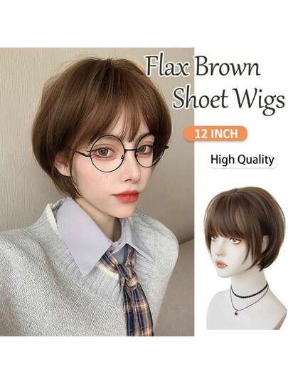 XIXISNOW Parrucche sintetiche resistenti al calore da 12 pollici di colore marrone lino, parrucche corte adatte per cosplay, feste e uso quotidiano, naturali e morbide