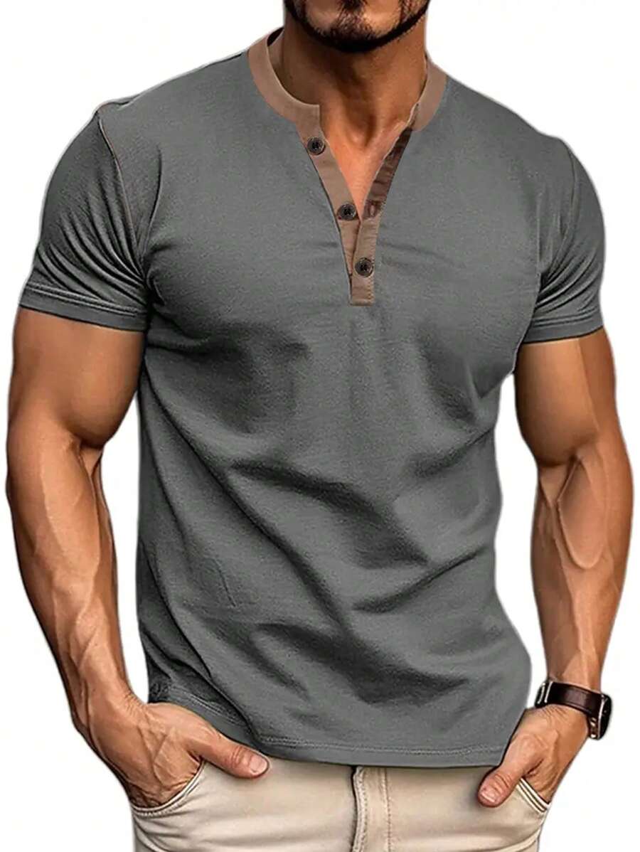 Spring And Summer Men's Short Sleeved Casual Henry T-Shirt, Men's Solid 100% Polyester Fiber Retro Style Sports Top