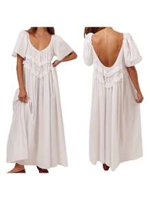 Women Long Dress, Elegant Short Sleeve Low-Cut Backless Solid/Plaid Loose Swing Dress - 白色 - 查看 8