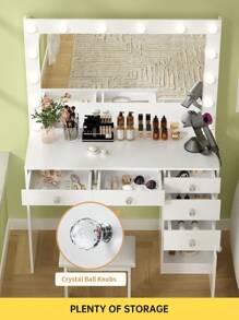 VOWNER 42.5" Vanity Desk With Lighted Mirror, 3 Color & Brightness Adjustable, Modern Makeup Vanity Desk With Power Outlet, Drawers & Cabinet, Come With Stool, Vanity Set Dresser For Girls Women, Gifts For Christmas, White/Black/Soft Pink - 白色 - 查看 2