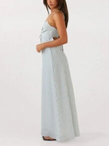Womens Summer Long Dress Sleeveless Spaghetti Strap Tie-Up Front Loose Dress Back Cutout Dress - 天藍色 - 查看 7