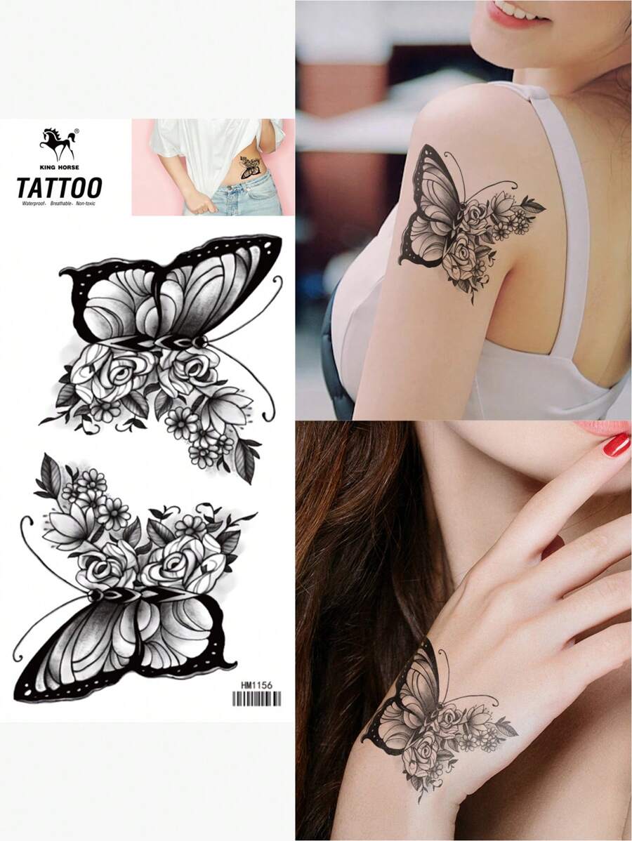 KING HORSE 1pc Waterproof Long-Lasting Temporary Butterfly Tattoo Sticker - Black - View 1