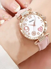 5 件粉红梅花钻石石英表、心形项链、手链、耳环首饰套装、日常搭配配饰作为儿童生日礼物 - 粉色 - 查看 3