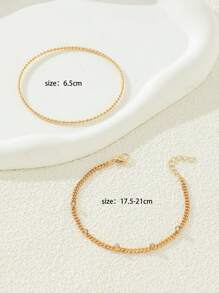 Set de 2 piezas: Brazalete y pulsera de mujer con decoración de cadena y cristales de metal - Dorado - Ver 3