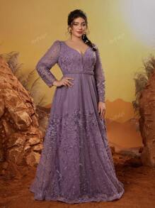 Vestido de noche de alta gama de manga larga con cuello en V, bordado de encaje, decoración de strass y perlas, para eventos, fiestas, invitados de boda, vestido formal, vestido de noche, talla grande
