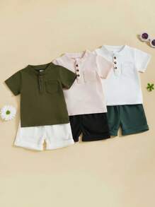 Baby Boy Summer Clothes Button Short Sleeve T-Shirt Shorts Set Toddler Soft Solid Color Outfit - White - View 4