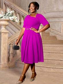 Vestido de línea A elegante, diseño de cuello asimétrico, talla grande, adecuado para diversas ocasiones como eventos, reuniones de la iglesia, trabajo, negocios, ropa formal de moda para mujeres - rosa roja - Ver 7