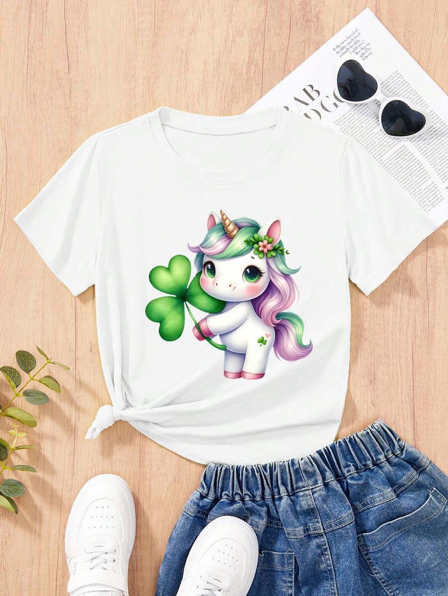 圣帕特里克节 1 件装 青少年女孩独角兽和三叶草印花休闲圆领弹力短袖 T 恤，面料，适合夏季