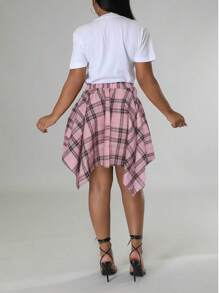Plus Size Hip Hop Plaid Skirt 2025 - Women's Streetwear Tartan Skirt With Detachable Sleeves, Multi-Color Rap Style Skirt, High Waist A-Line Skirt With Belt (1X-5X) - Pink - View 9
